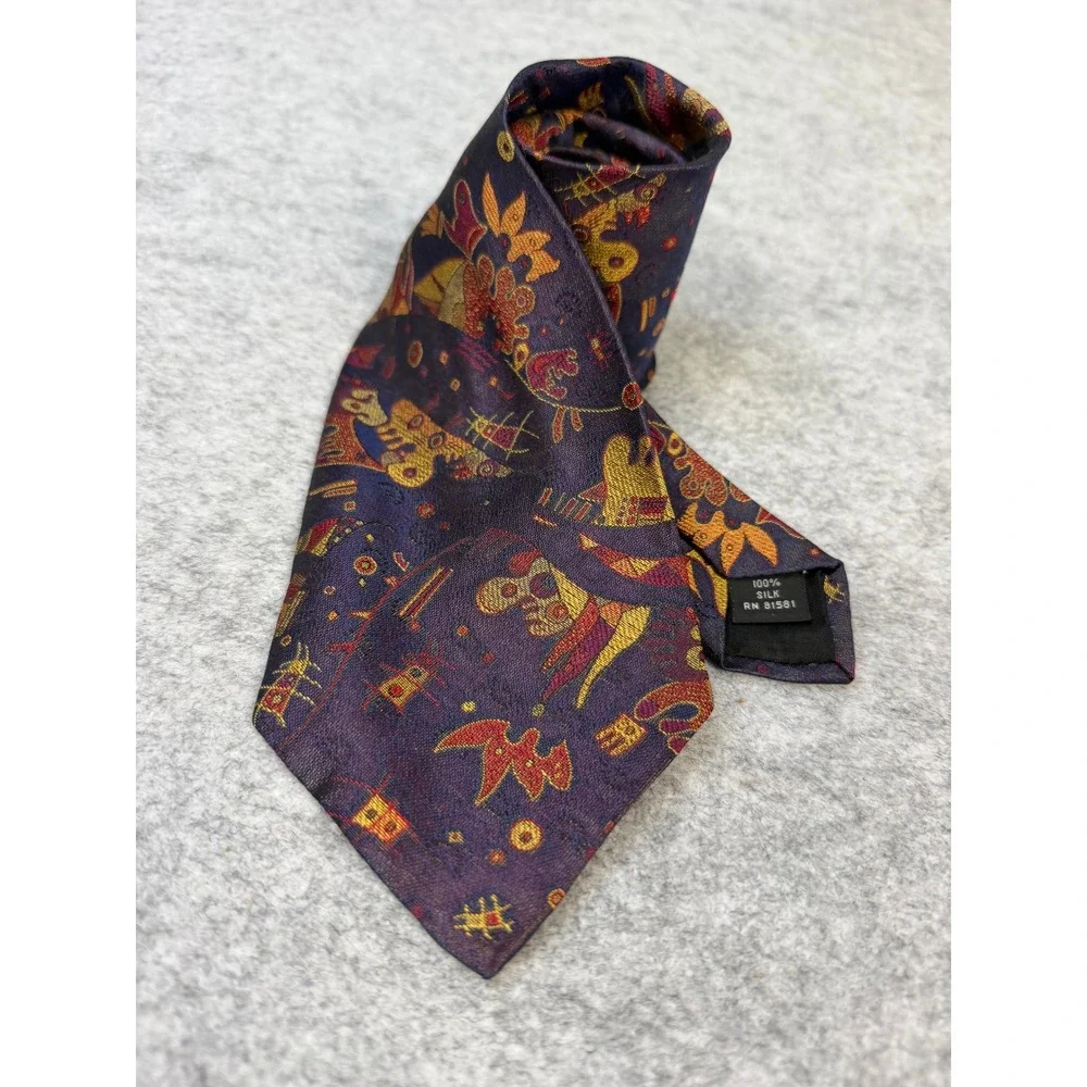 Paul Bri Mens Purple Gold Red Abstract Novelty Print 100% Silk Necktie RN‎ 81581